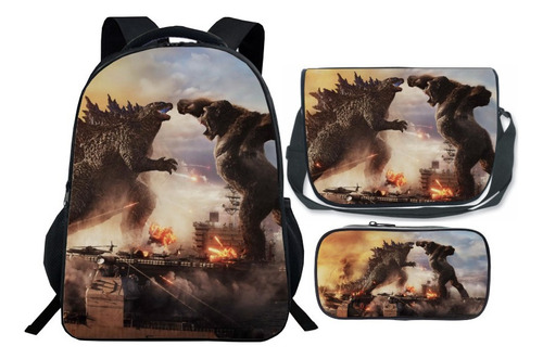 Mochila Escolar Estampada De Godzilla War King Kong, Dibujos