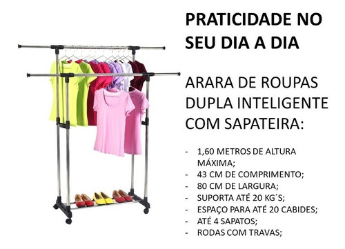 Arara De Roupas Dupla Regulável Em Aço Cromado Closet Abs
