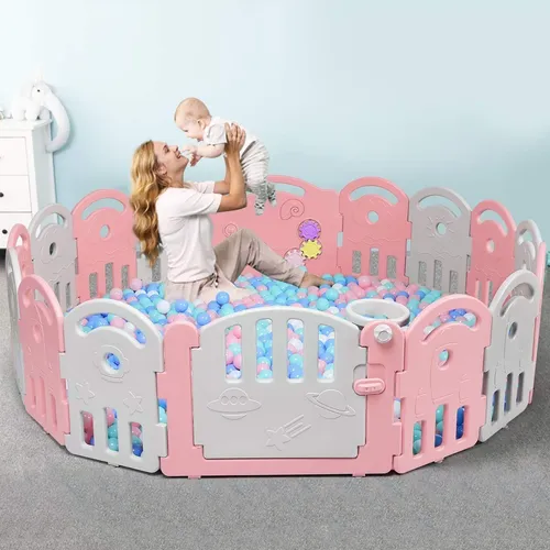 Corral De Plåstico Bebés Playpen 16 Paneles Rosa * Gris