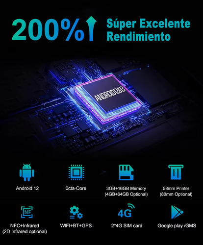 Terminal Android 12 Pos De 8 Pulgadas, 3g+16g, Impresora, Es