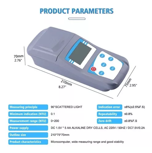 Kit de medidor de turbidez de turbidez portátil con 4 piezas de solución de  calibración gama de viales 0 ~ 1100 NTU/FNU 0 ~ 275 EBC 0 ~ 9999 ASBC