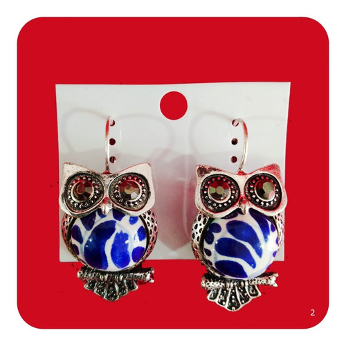 Imagen 2 de 2 de Aretes De Talavera Poblana Azul Con Metal Acero M2 Buho
