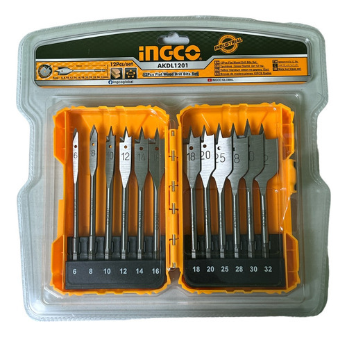 Set De 12 Brocas Planas Para Madera Ingco Akdl1201