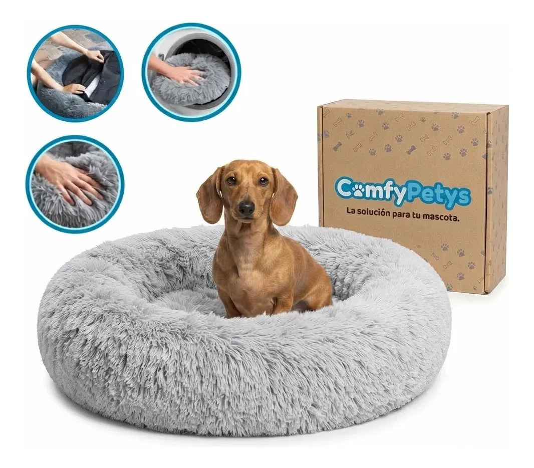 Cama Perro Gato Antiestres Desmontable 60x60cm M Comfypetys Gris Piel Sintetica