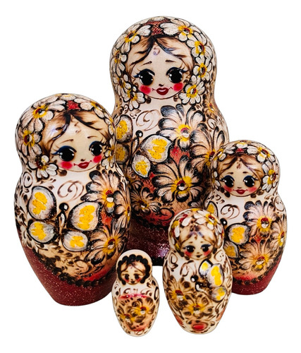 Matrioshka De Autor. Flores, Pirograbado. Rusia Hecha A Mano