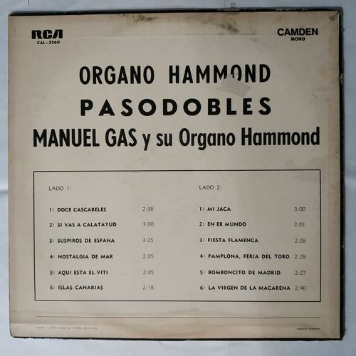 Música Disco Vinilo Pasodobles Organo Hammond 12 Temas (Usado)