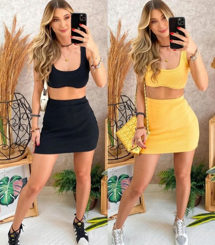Conjunto Top Cropped E Saia Curta Colada Canelado Ribana
