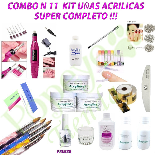 Combo N11 Kit Uñas Acrilicas Polimero Monomero Torno Primer