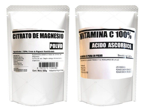 Citrato De Magnesio 500 Gr + Vitamina C Acido Ascorbico 500 