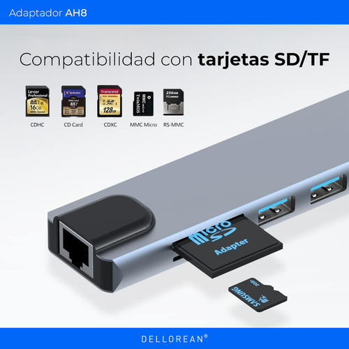 Adaptador Usb C Hub 8-en-1 Dellorean Macbook Pro Hdmi 4k Lan Color Gris