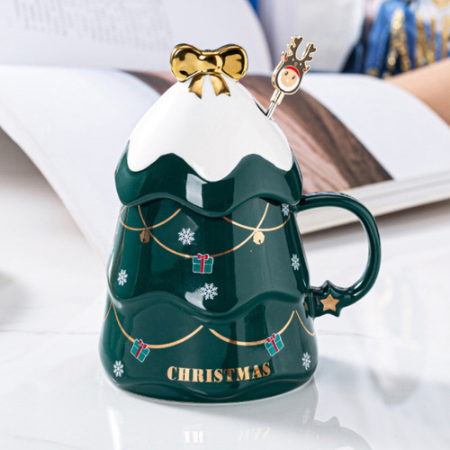 Juego De Tazas Navideñas Con Tapa Y Cuchara De Cerámica De 5