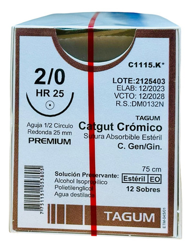 Sutura Catgut Cromico 2-0 Aguja 1/2 De 25mm Tagum Caja C/12