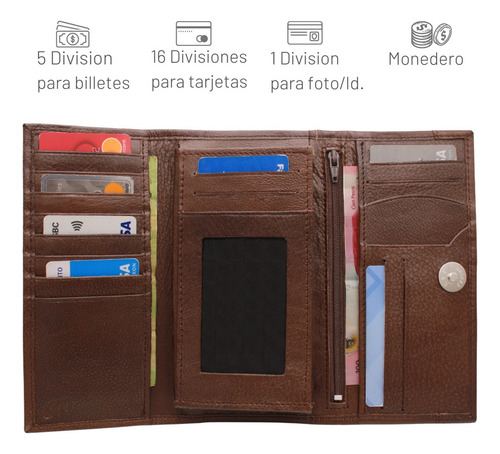 Cartera Larga Mujer Piel Billetera Monedero Gran Capacidad Chocolate