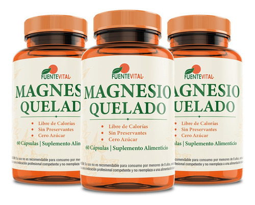 Magnesio Quelado - Capsulas 100% Vegetales - Pack X 3 