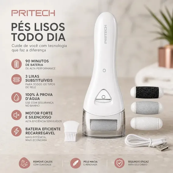 Esfoliador Elétrico Pritech Recarregável com 3 Refis para Pés