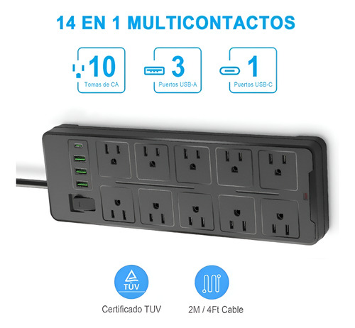 2 Multicontacto De 10 Tomas 2500w,10a Usb Cable De 2 Metros