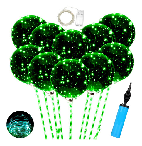 10 Globos Burbuja Cristal Led Verde Palito Inflador Microled