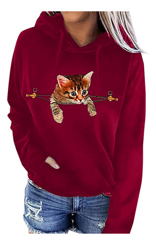 Sudadera Con Estampado De Gatos Para Mujer, Manga Larga, Con