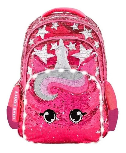 Mochila Unicornio Star Luz Led Y Lentejuelas Rev 18'' Footy