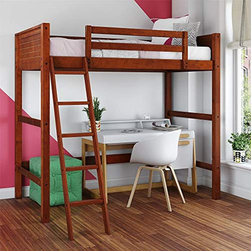 Cama Alta Con Escalera De Madera Color Marrón.