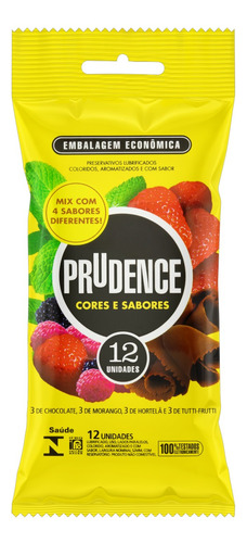 Preservativo Masculino Lubrificado Prudence Cores e Sabores Pacote 12 Unidades Embalagem Econômica