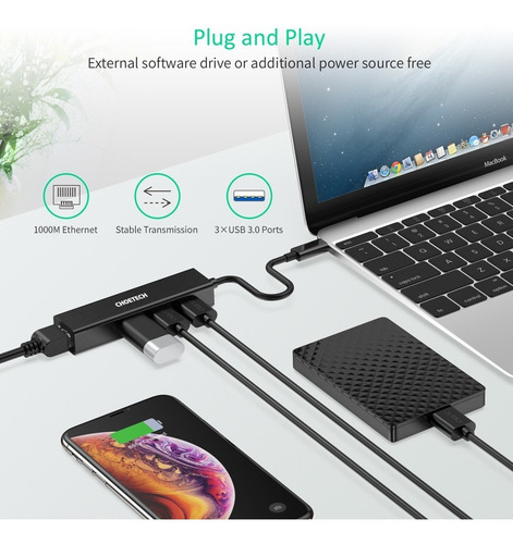 Hub Usb-c Con 3 Puertos Usb Y Un Adaptador Para Ethernet
