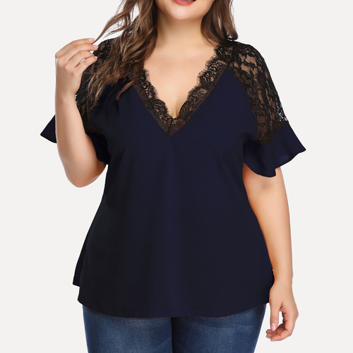Playera De Mujer, Talla Grande, De Chifón, Cuello En V, Enca