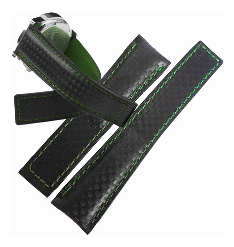 Correa Piel Negra Costuras Verdes 22mm Compatible Tag Heuer
