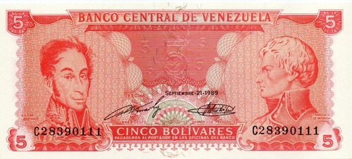 Billete 5 Bolívares 21 De Septiembre 1989 Serial C8