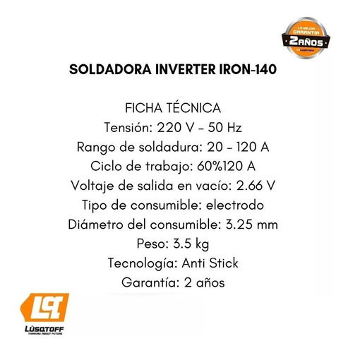 Soldadora Inverter Lusqtoff Iron 140 Máscara Fotosensi Combo