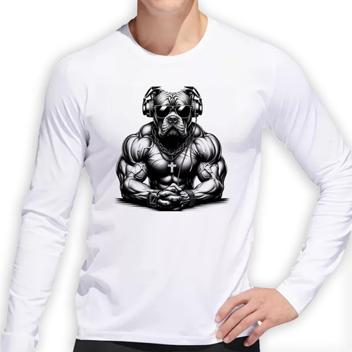 Remera Hombre Ml Pitbull Auriculares Musculos Gym Music