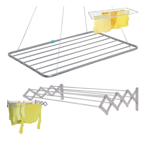 Varal De Parede Sanfonado Aluminio 1 M+ Varal De Teto 120 Cm