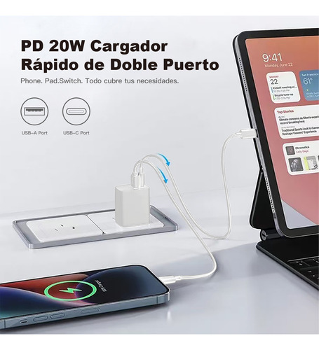 Cargador Carga Rápida Tipo C PD 20w + Usb-A 18w Gan Dual Salida