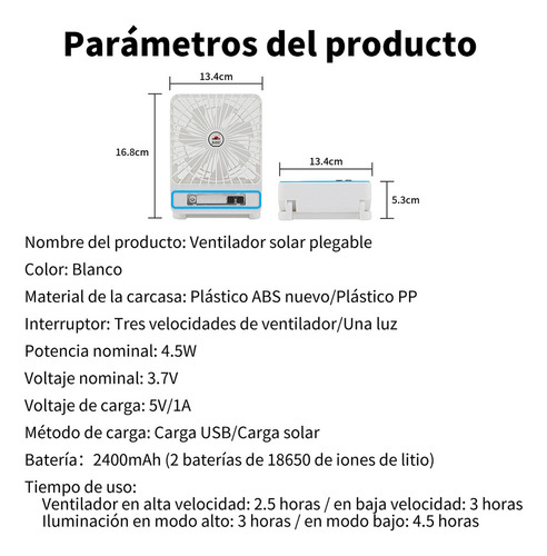 Ventilador De Camping Portátil Recargable Con Luz Led Solar