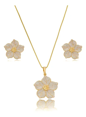 Colar E Brinco De Flor Banhado A Ouro 18k - Delicado E Leve