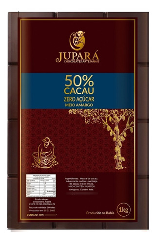 Barra 1kg De Chocolate 50% Cacau Meio Amargo Sem Açúcar