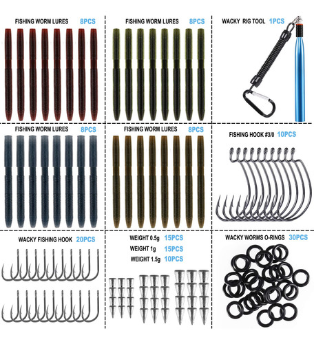 Kit De Señuelos De Pesca Plusinno Wacky Con Caja De Aparejos Kit De Señuelo De Pesca De Gusano Loco De 133 Piezas De 5.5 Pulgadas