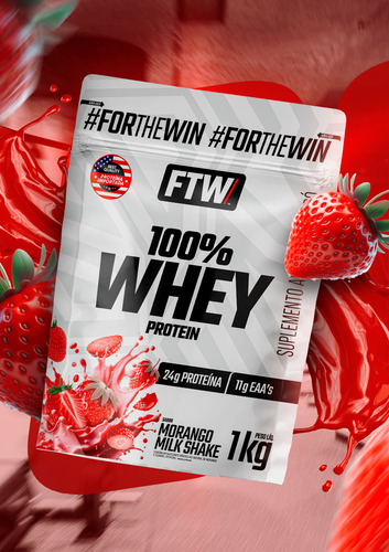 Whey Protein 100% Concentrado Refil 1kg Sabor Morango Milk Shake - Ftw Morango Milkshake
