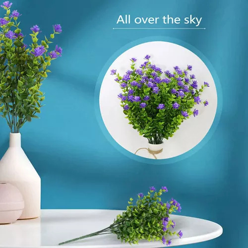 4 Plantas Artificiales, Arbustos Verdes, Flores Moradas