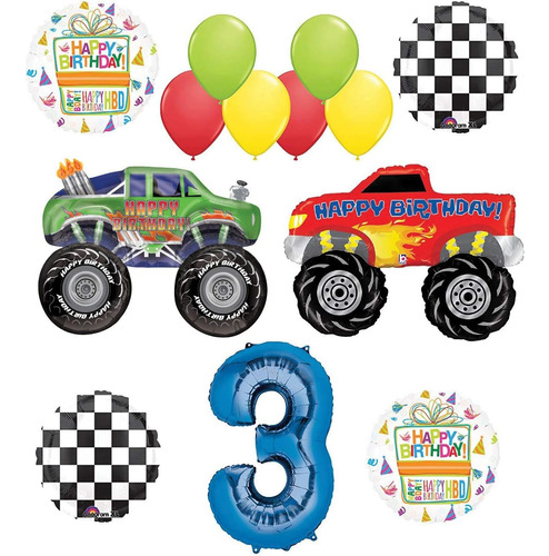 Paquete De Globos Fiesta Monster Truck 3 Años Cumpleaños