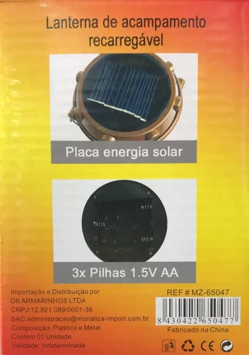 Lanterna Lampião Solar Recarregável