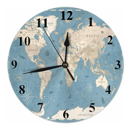Reloj De Pared Con Mapa Del Mundo, Brújula Náutica Ma...