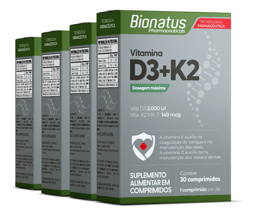 4x Vitamina D3+k2 Mk-7 30 Comprimidos Bionatus