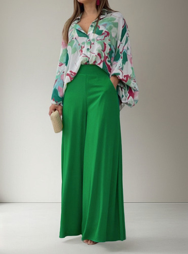 Conjunto Camisa Con Estampado Suelto Y Pantalón Ancho