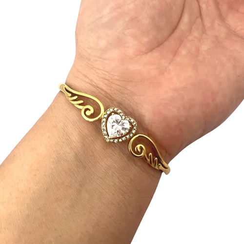 Pulsera Con Alas Y Corazón De Cristal De Acero Arcángel