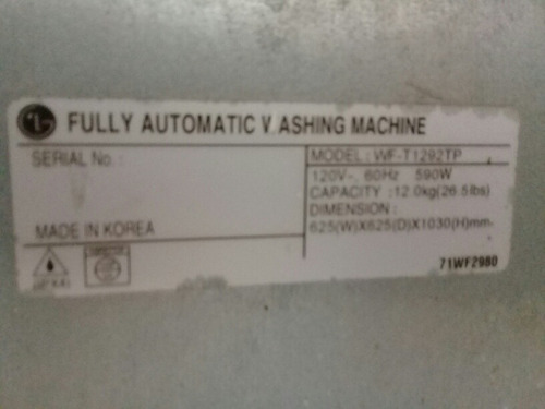Lavadora LG 12 Kilos Ecológica Turbodrum Fuzzy Remate Repues