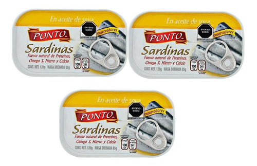 3 Sardinas Ponto En Aceite De Soya 120 Gr C/u