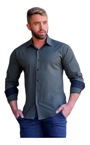 Camisa Slim Manga Longa Social Masculina Sem Bolso Executivo