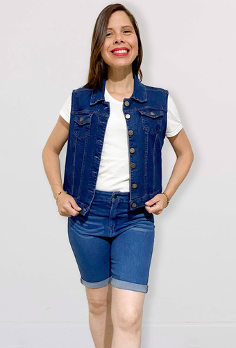 Chaleco Mezclilla Stretch Mujer Dama Básico Con Bolsas.