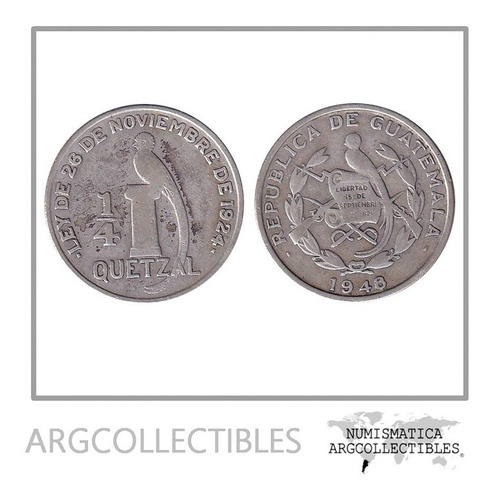 Guatemala Moneda 1/4 Quetzal 1948 Plata 720 Km-243 Vf